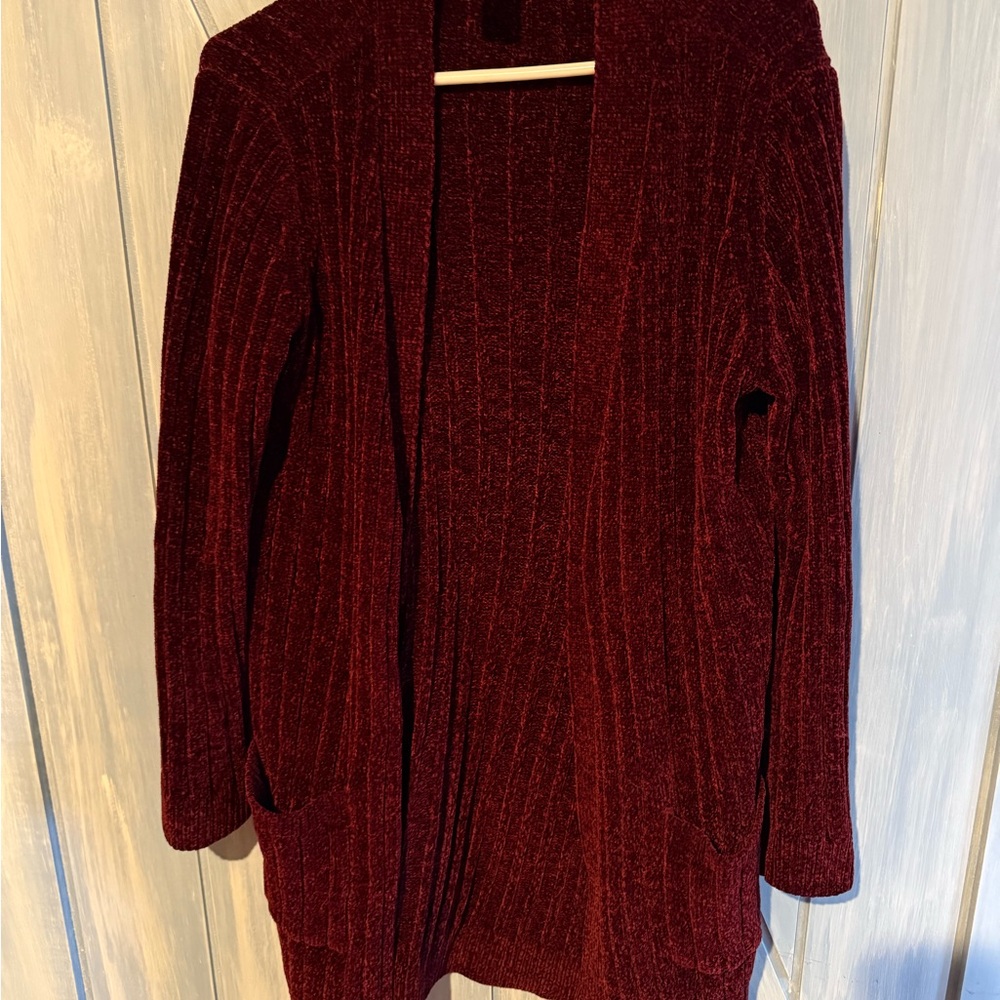Matty M Ribbed Open-Front Cardigan in Deep Wine